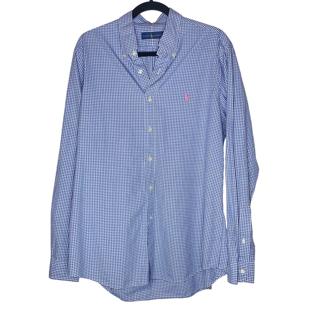 Ralph Lauren Blue Gingham Button Up Dress Shirt Size Large Preppy Academia